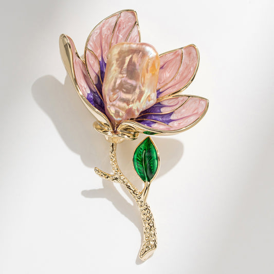 Dapaza Vintage Enamel Pink Baroque Magnolia Brooch