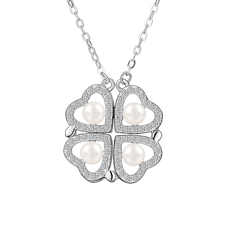 925 Sterling Silver Micro-inlaid Zircon Two Wearing Four-leaf Love Pearl Necklace Women's Niche Design Collarbone Chain