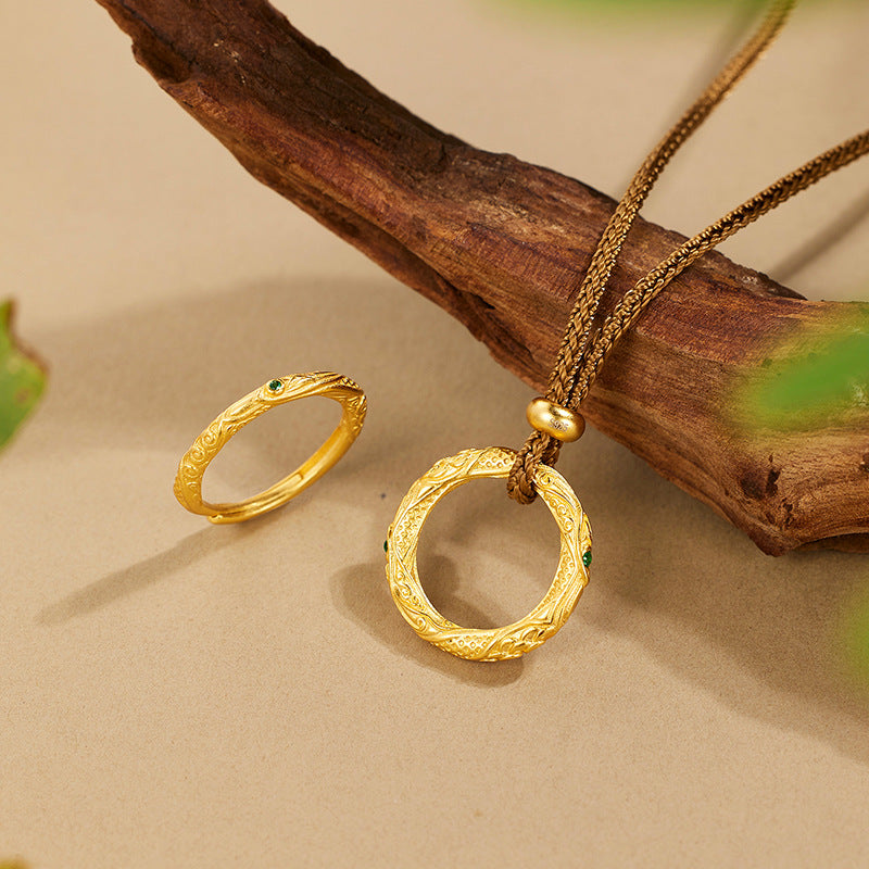 S925 Sterling Silver Necklace Female Niche Design New Chinese Style National Tide Engraving Nezha Qiankun Ring Set