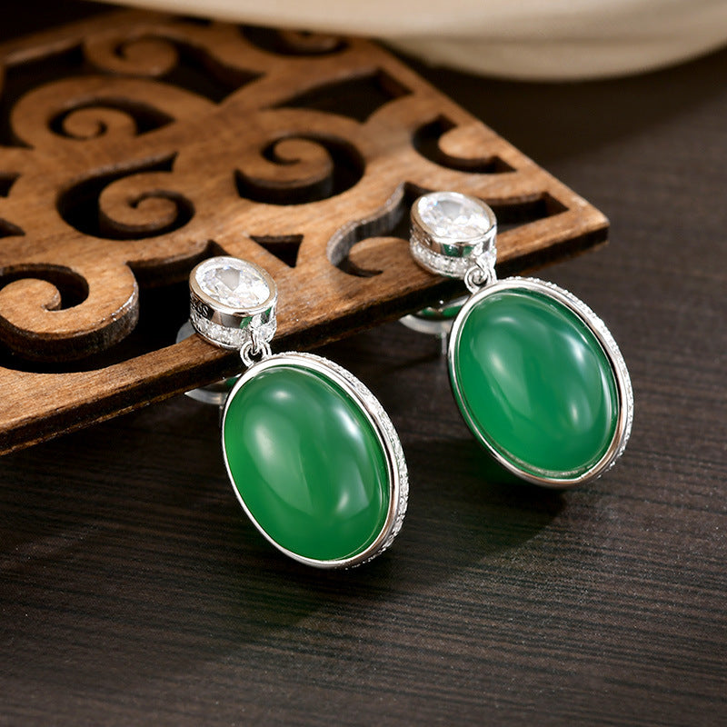 S925 Whole Body Sterling Silver Double-sided Natural Chalcedony Stud Earrings, Earrings, Egg Surface Earrings