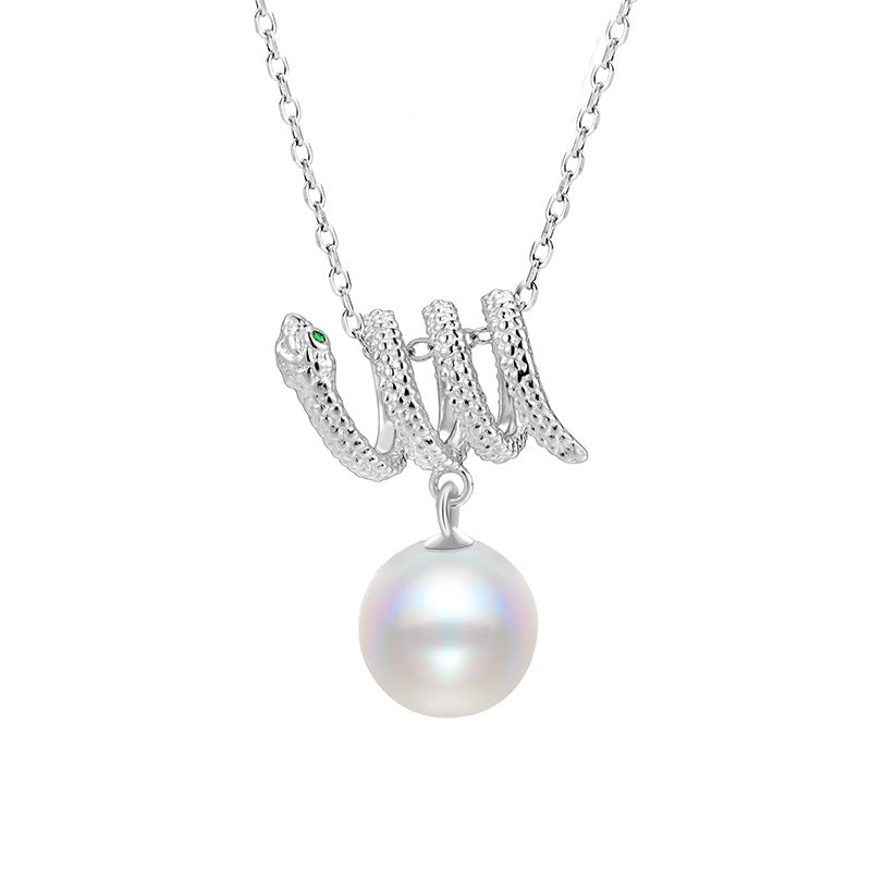 Snake Design Necklace 925 Sterling Silver Niche Design Trend Green Eye Zodiac Australian White Pearl Collarbone Chain