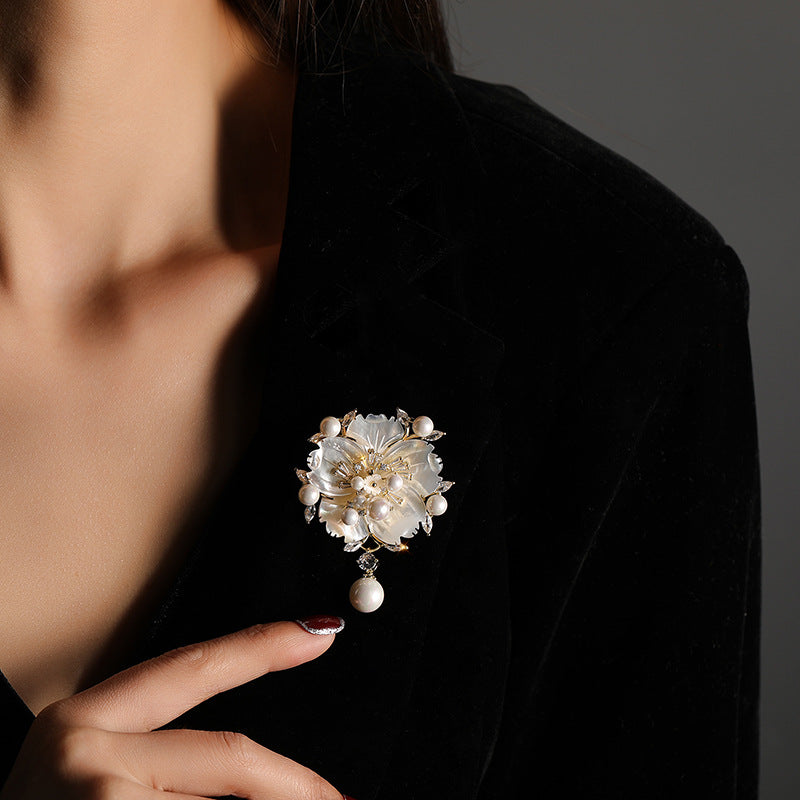 Shell Pearl Zircon Camellia Brooch
