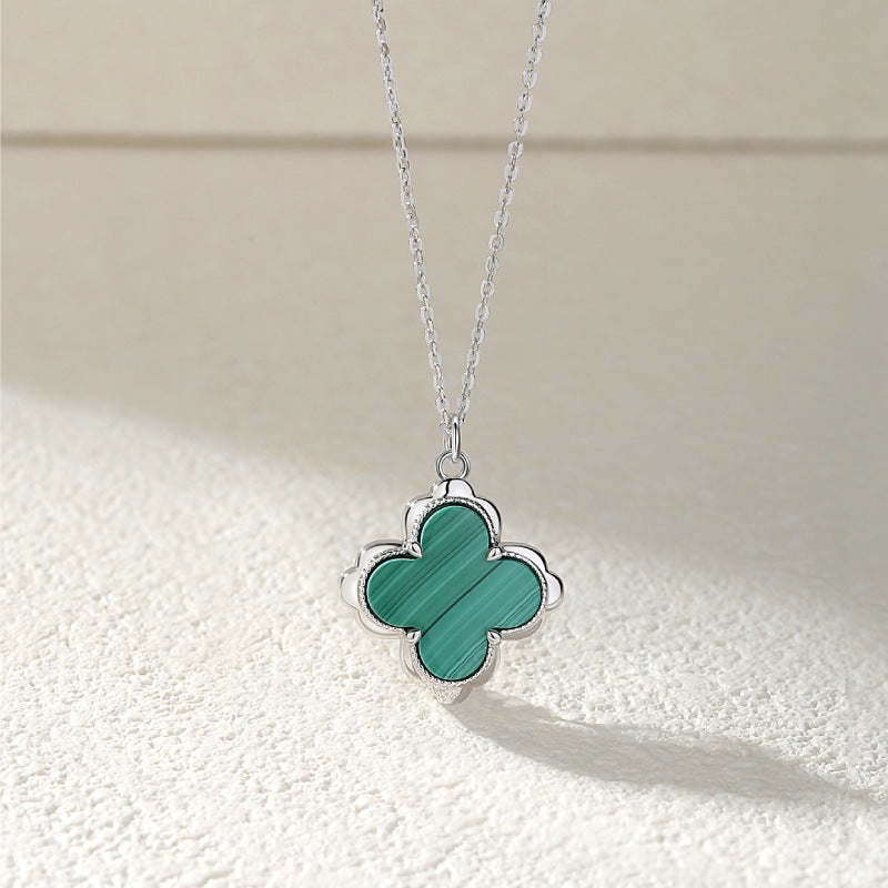 Dapaza Lucky Clover S925 Sterling Silver Natural Malachite Pendant Necklace