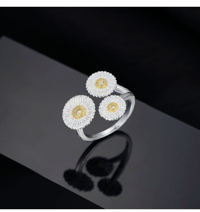 Dapaza Niche Premium Sense S925 Sterling Silver Italian Brushed Vintage Small Daisy Open Ring