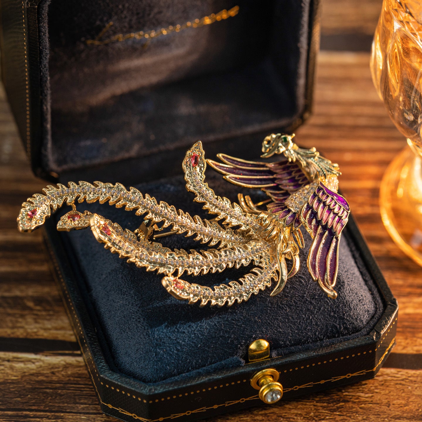 Exquisite Gold Purple Phoenix Diamond Animal Brooch