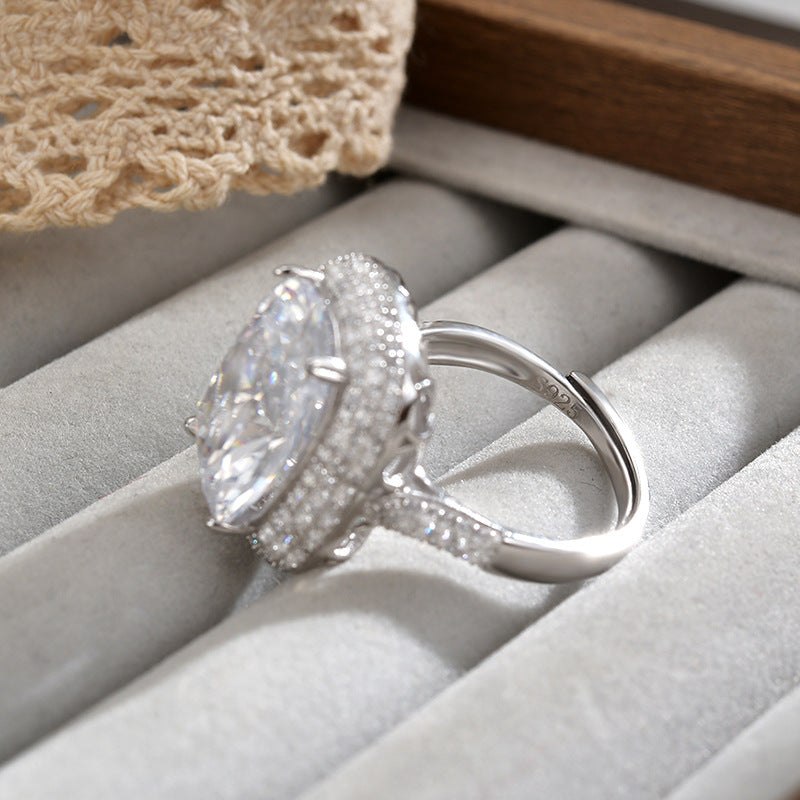 European Court Style Bright Shining Sugar Cube Ring 925 Sterling Silver Open Ring Luxury Diamond Ring Adjustable Ring