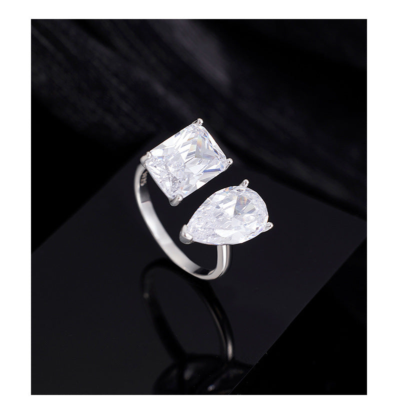 S925 Sterling Silver Ring Water Drop Large Sugar Cube Geometric Design Niche Personality Trend Opening Adjustable Ring