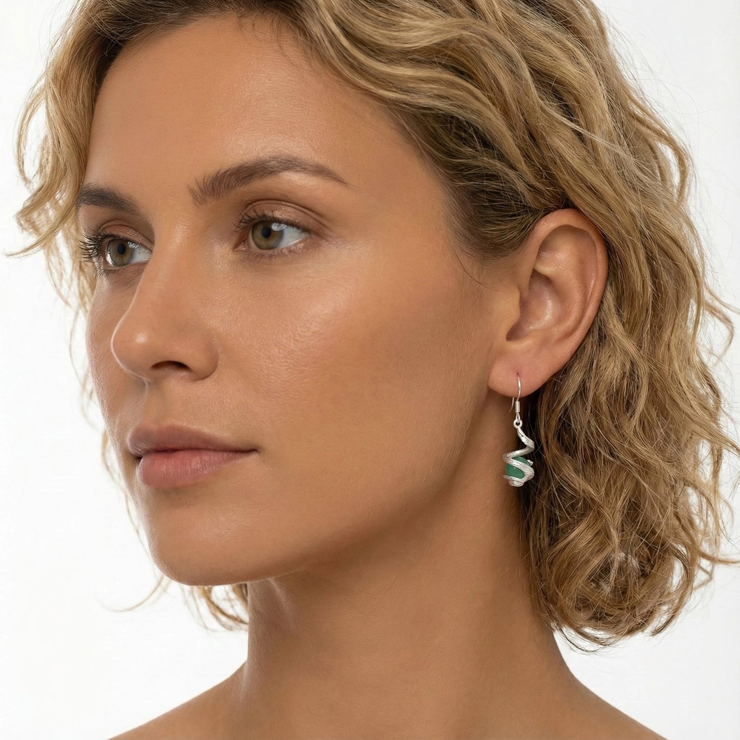 S925 Sterling Silver Green Aventurine Drop Earrings – Wave Texture Vintage Chinese Style Dangle Earrings