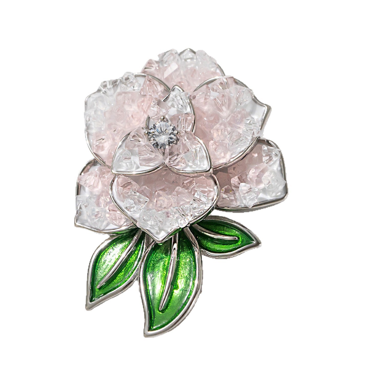 Crystal & Rose Quartz Peony Floral Brooch Pin