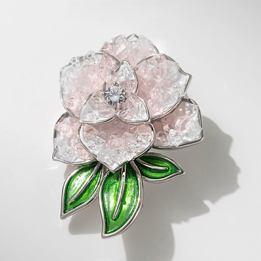 Crystal & Rose Quartz Peony Floral Brooch Pin