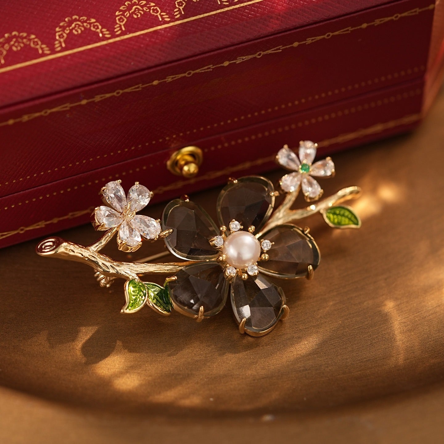 Freshwater Pearl & Gray Crystal Floral Brooch Pin