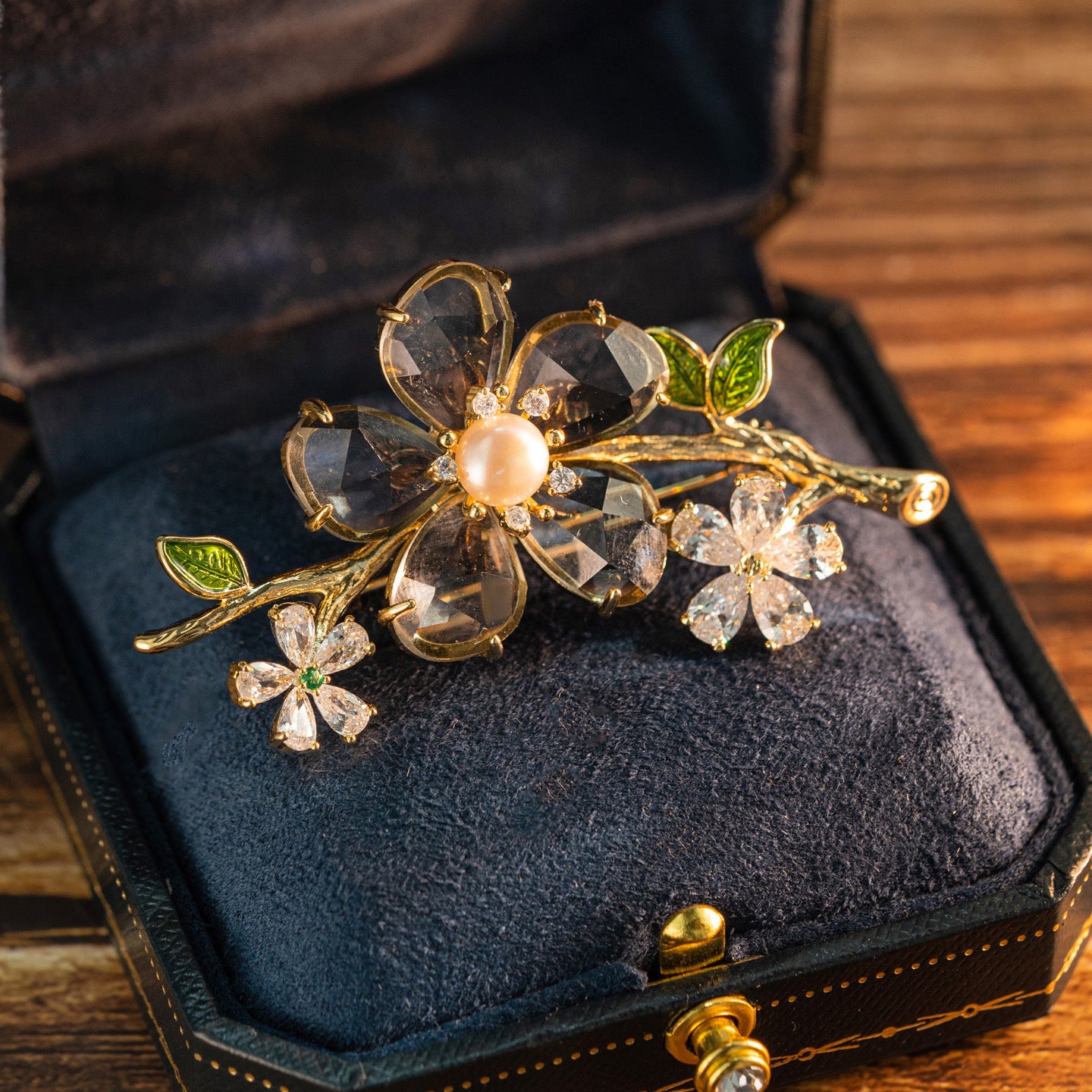 Freshwater Pearl & Gray Crystal Floral Brooch Pin