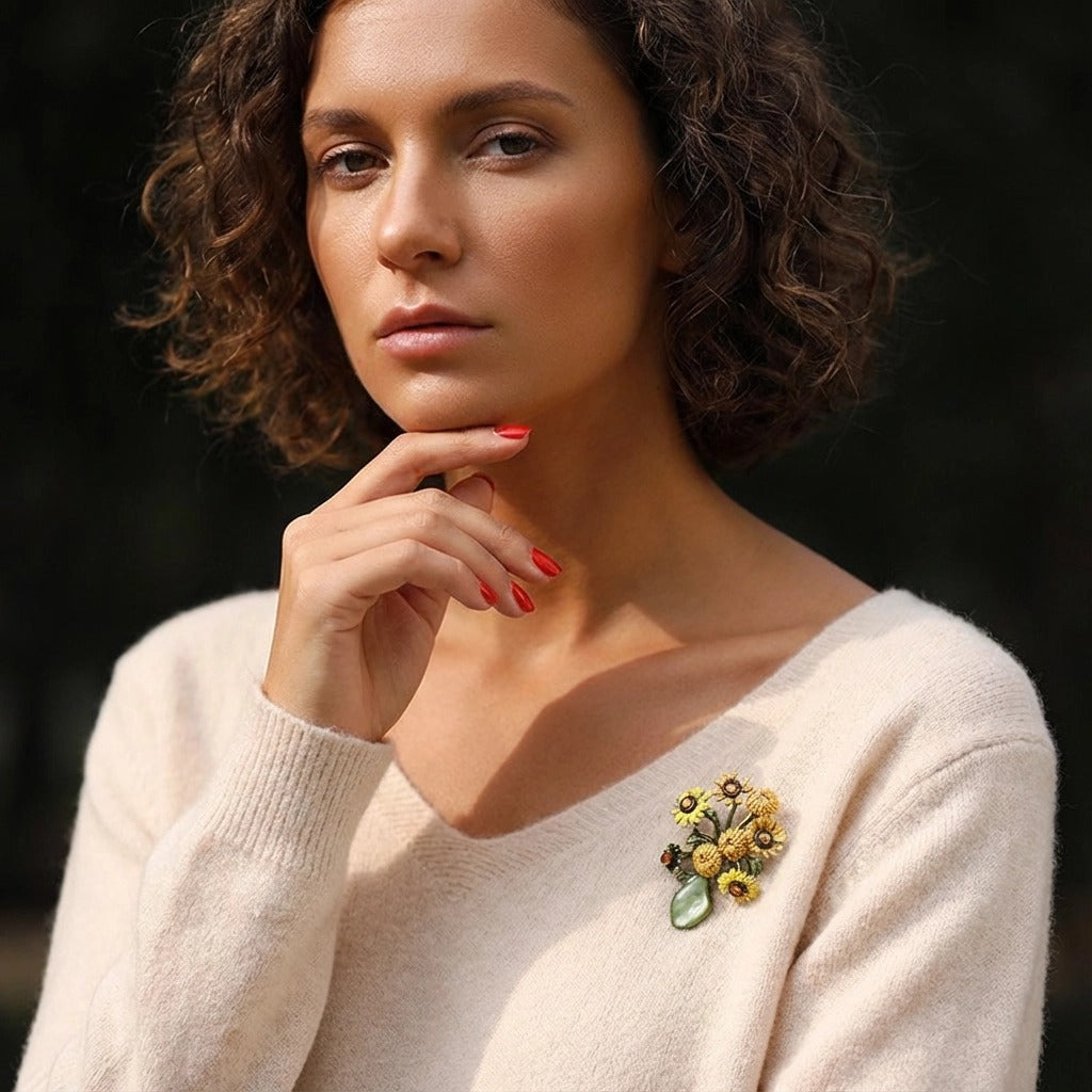 Vintage Van Gogh Sunflower Brooch Enamel Vase Pin Apparel Gift Corsage