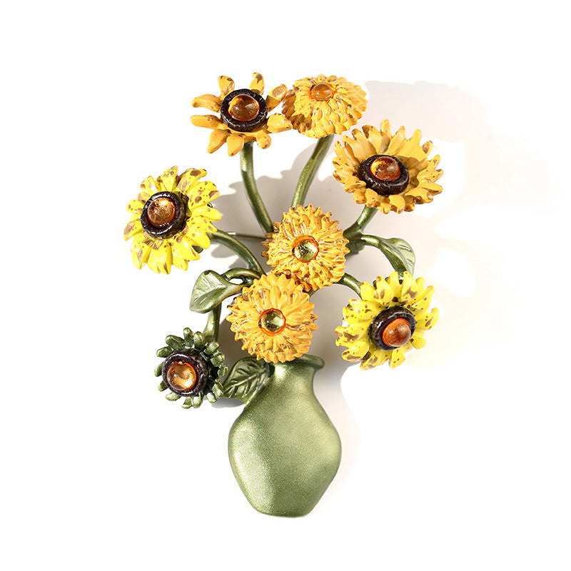 Vintage Van Gogh Sunflower Brooch Enamel Vase Pin Apparel Gift Corsage