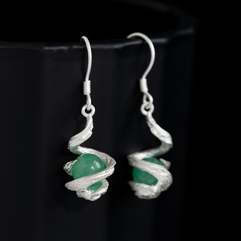 S925 Sterling Silver Green Aventurine Drop Earrings – Wave Texture Vintage Chinese Style Dangle Earrings