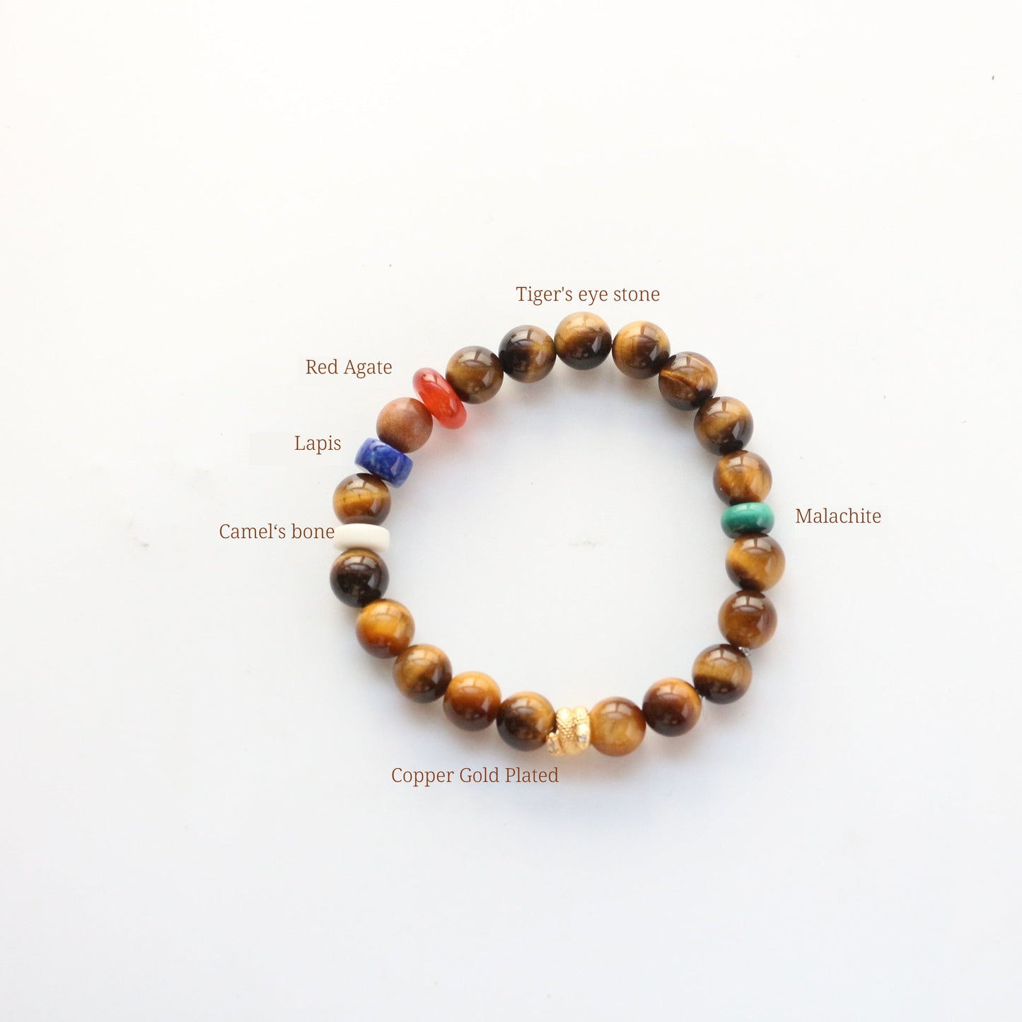 Buddha Life Tiger's Eye Stone Lapis Lazuli Malachite Camel Bone Bracelet