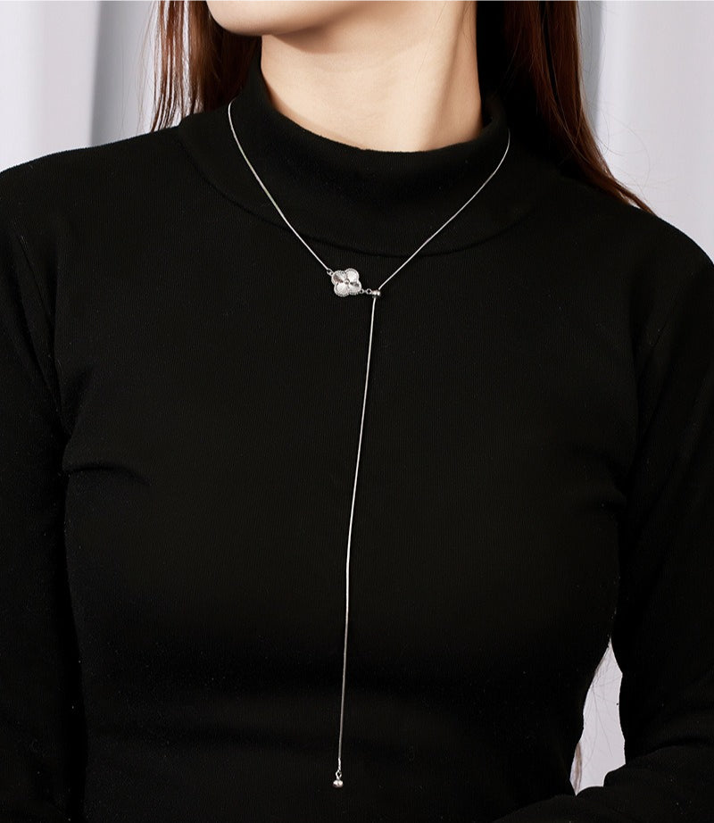 Sweater Chain Autumn and Winter Long 925 Sterling Silver Three-dimensional Lucky Grass Adjustable Necklace