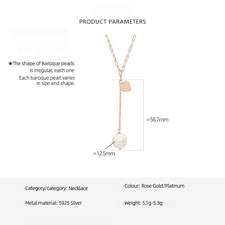 Gold Foil Love Necklace Women's 925 Silver Button Baroque Pearl Collarbone Chain