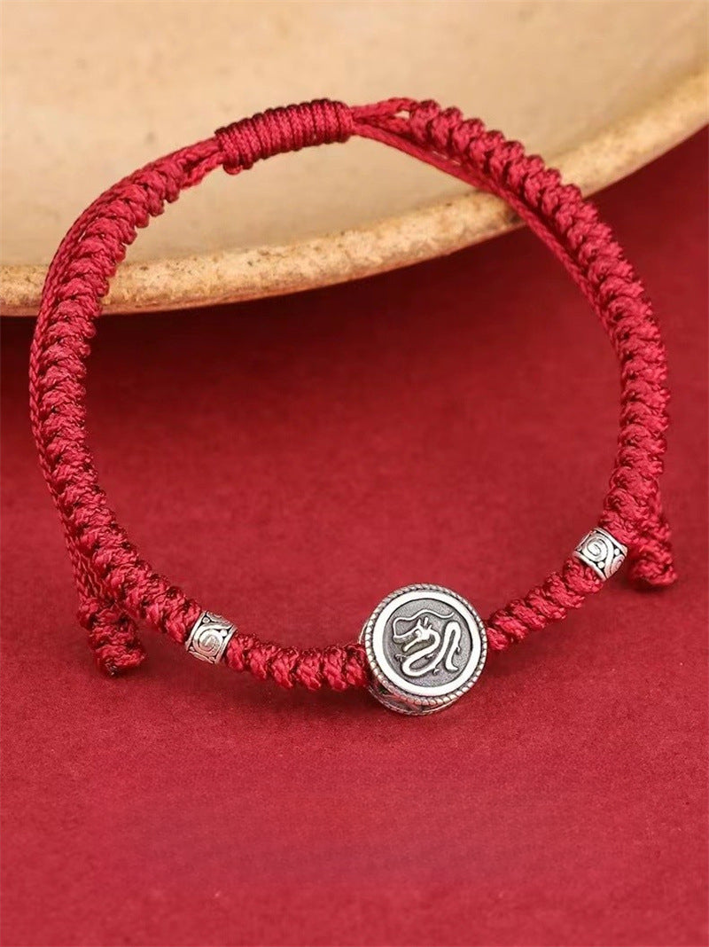 Buddha Life S925 Sterling Silver Zodiac Hand Rope Women's 2025 Year of The Snake Natal Year Red Rope