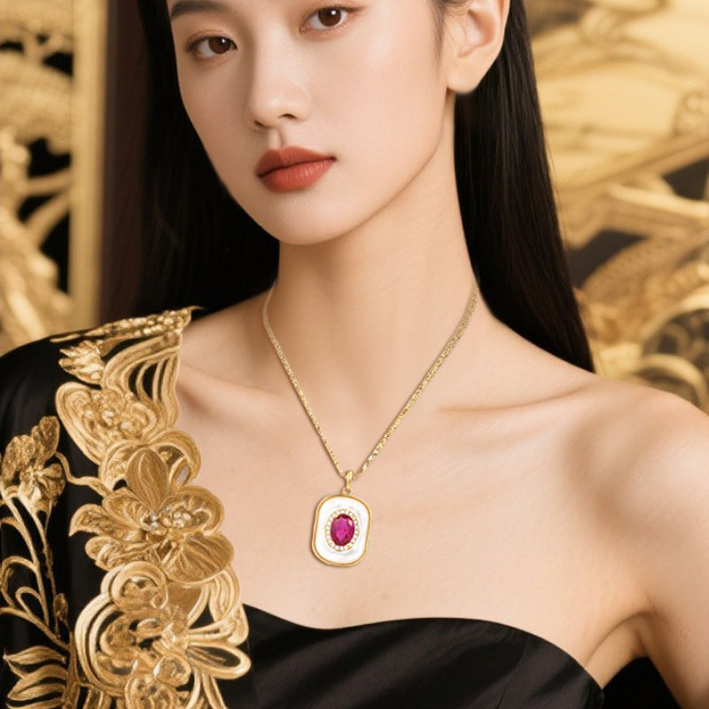 New S925 Silver Fritillary Pendant Light Luxury Ruby Geometric Necklace Whole Body S925 Silver Fashion Classic Pendant