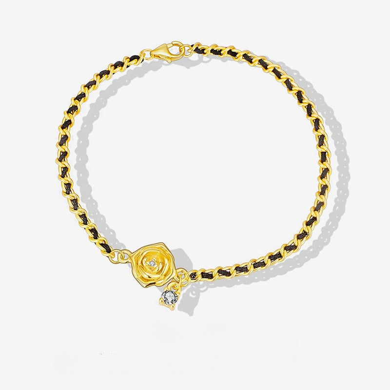 2025 Popular Bracelet Light Luxury High Sense 925 Sterling Silver Black Gold Camellia Woven Hand Jewelry