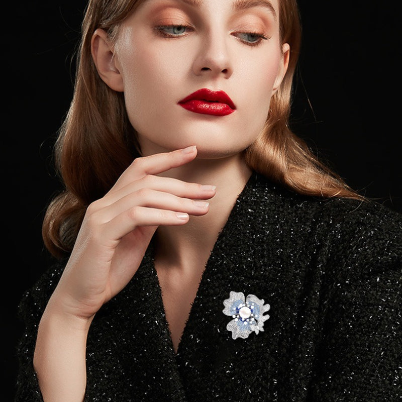 New Elegant Pearl Flower Brooch Retro High-end Full Diamond Zircon Flower Clothing Corsage