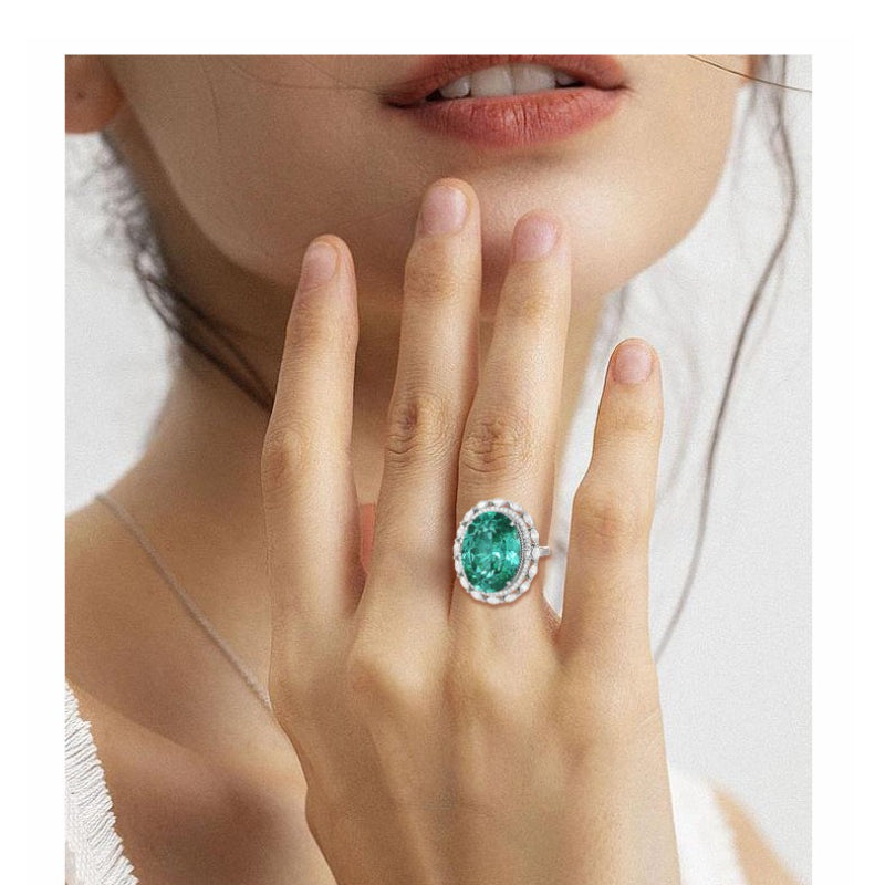 Dapaza S925 Sterling Silver Ring High Luxury Ice Flower Cut Open Ring Green Diamond Ring Women's Fashion Ring