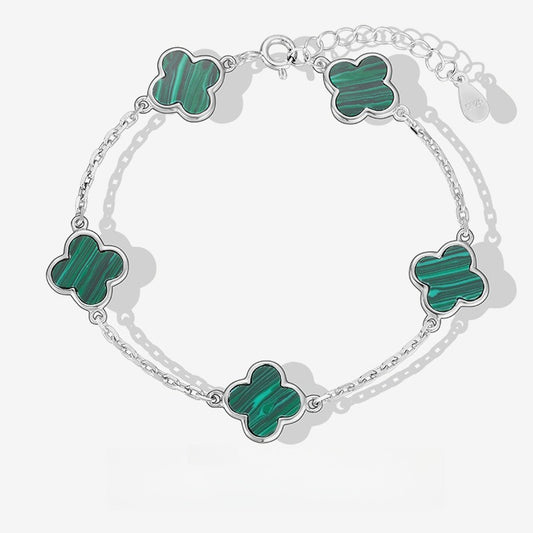 Dapaza S925 Sterling Silver Lucky Grass Mother Shellfish Malachite Bracelet