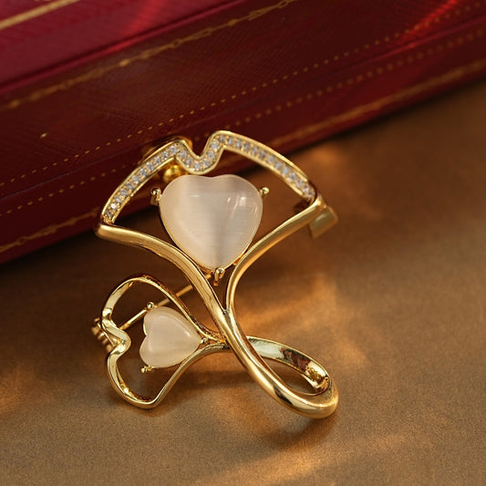 Cat Eye Stone & Cubic Zirconia Ginkgo Leaf Lapel Pin