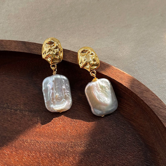 Baroque Pearl Earrings with Freshwater Pearls – 18K Gold Plated Elegant Drop Earrings