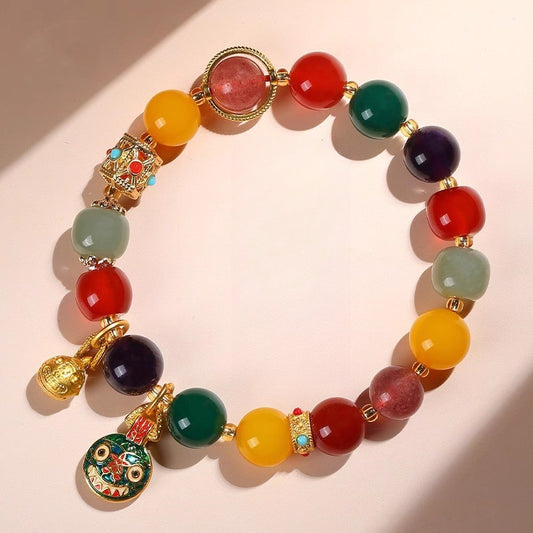Buddha Life Natural Duobao South Red Agate Hetian Jade Bracelet, Gold-swallowing Beast Pendant Bracelet.
