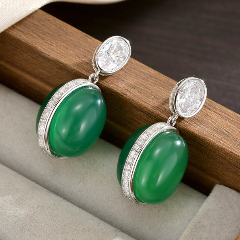 S925 Whole Body Sterling Silver Double-sided Natural Chalcedony Stud Earrings, Earrings, Egg Surface Earrings