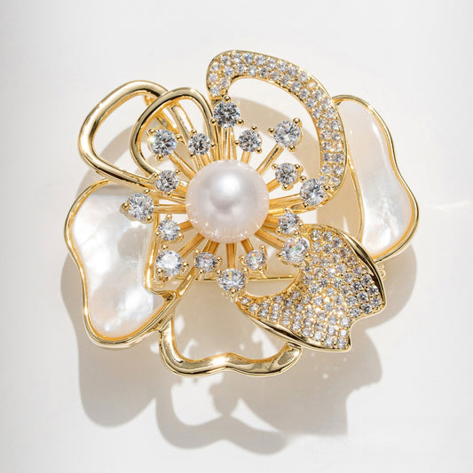 Stylish Camellia Brooch, Zircon Pin, Natural Freshwater Pearl Shell Corsage