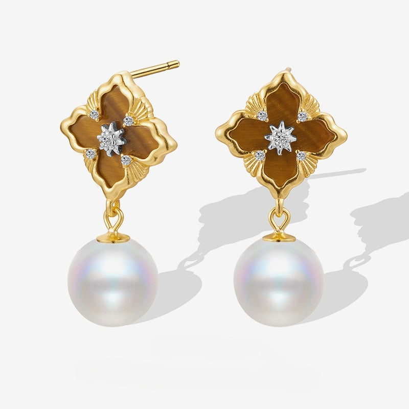 Autumn and Winter 925 Sterling Silver Medieval Matte Niche Retro Bead Lucky Grass Earrings for Women