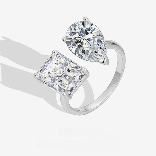 S925 Sterling Silver Ring Water Drop Large Sugar Cube Geometric Design Niche Personality Trend Opening Adjustable Ring