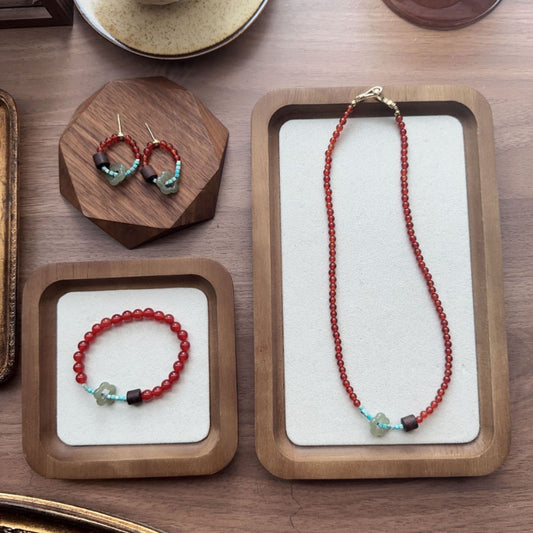 7A Grade Agate With Rosewood Top Bead Necklace Bracelet Stud Earrings Collection
