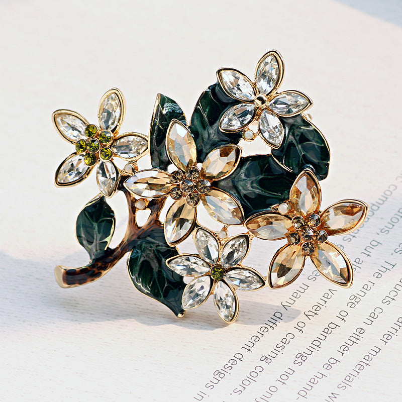 Champagne Gold Floral Brooch – Crystal Flower Pin with Enamel Detail