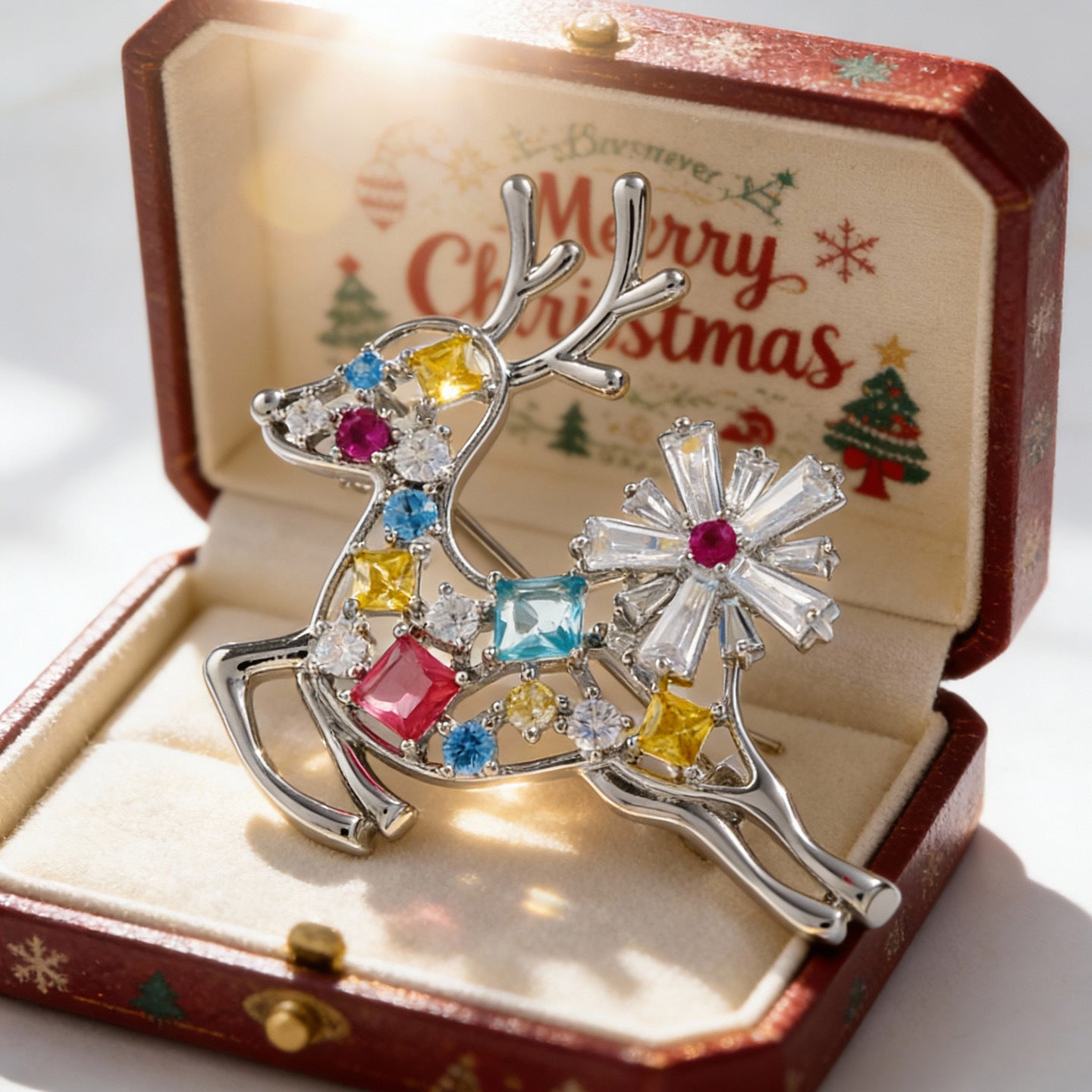 Christmas Reindeer Brooch – Colorful Zircon Holiday Elk Pin