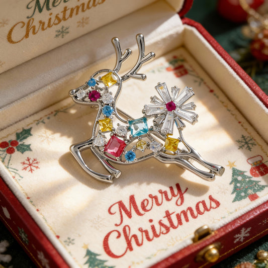 Christmas Reindeer Brooch – Colorful Zircon Holiday Elk Pin