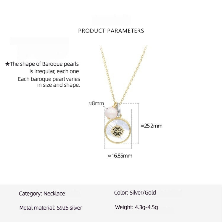 New S925 Silver Baroque Pearl White Mother Shell Blue Eye Necklace Collarbone Chain