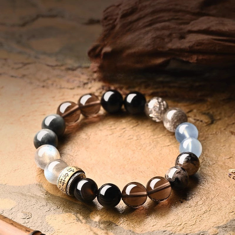 Buddha Life Wu Xing Five Phases Bracelet Obsidian Aquamarine Moonstone Ghost Eagle Eye Crystal Bracelet Men's and Women's