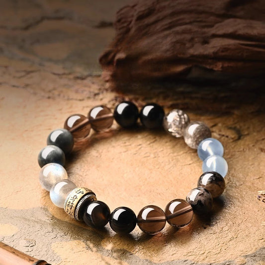 Buddha Life Wu Xing Five Phases Bracelet Obsidian Aquamarine Moonstone Ghost Eagle Eye Crystal Bracelet Men's and Women's