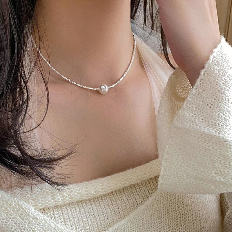 New S925 Sterling Silver Baroque Pearl Shredded Silver Necklace