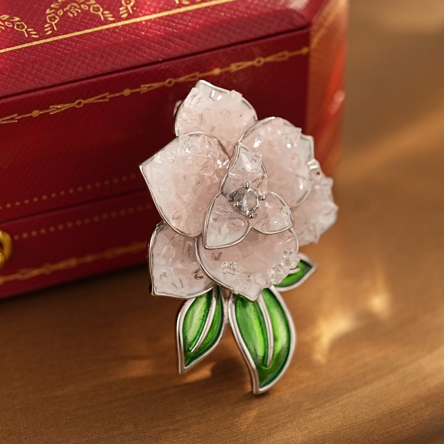 Diamond-set Pink Crystal Peony Brooch