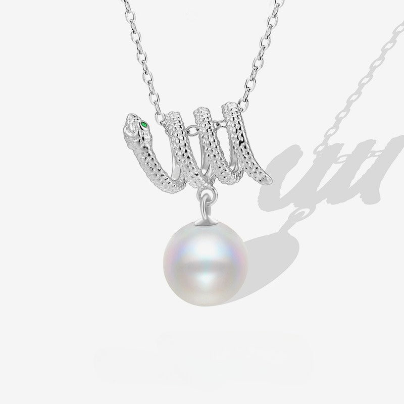 Snake Design Necklace 925 Sterling Silver Niche Design Trend Green Eye Zodiac Australian White Pearl Collarbone Chain