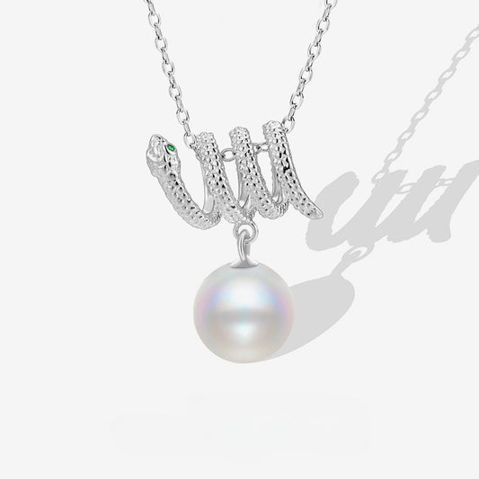 Snake Design Necklace 925 Sterling Silver Niche Design Trend Green Eye Zodiac Australian White Pearl Collarbone Chain
