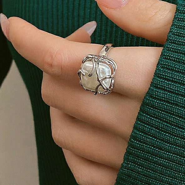 Dapaza S925 Sterling Silver Baroque Square Pearl Ring