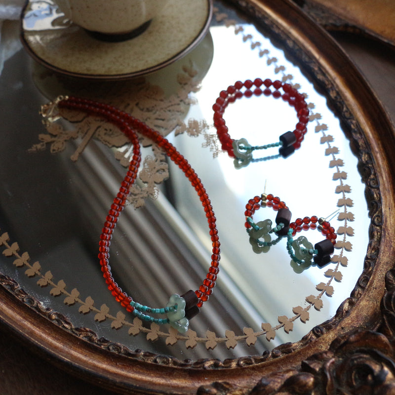7A Grade Agate With Rosewood Top Bead Necklace Bracelet Stud Earrings Collection