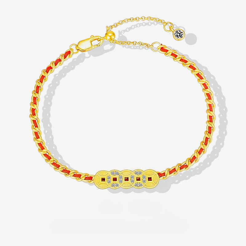 Five Emperors Money Bracelet Red Rope Women's 925 Sterling Silver Year of The Snake Birthday Year Niche Design Hand Jewelry