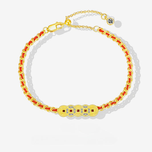 Five Emperors Money Bracelet Red Rope Women's 925 Sterling Silver Year of The Snake Birthday Year Niche Design Hand Jewelry